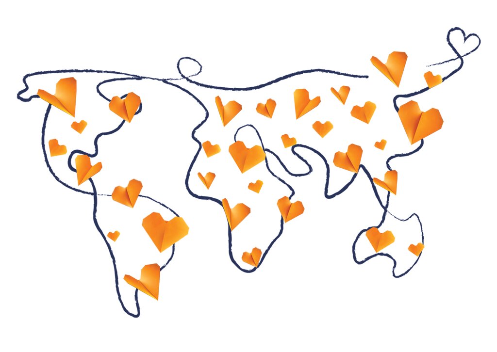 Een wereldkaart gevuld met hartjes